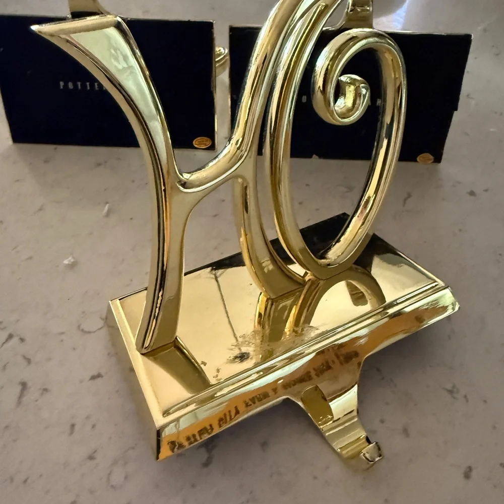 Pottery Barn 3 Ho Ho Ho Stocking Hangers Christmas Gold Tone HEAVY STURDY